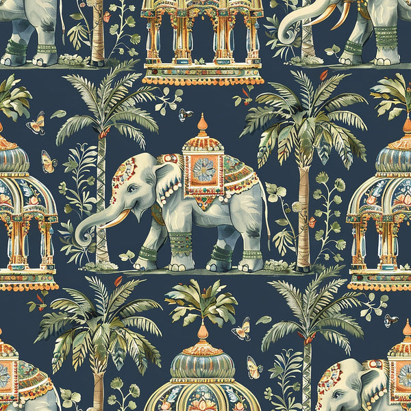 navy blue, elephant pattern, indian inspired, ornate elephants, palm trees, decorative architecture, tropical motifs,, fabric panel, gold accents, green foliage, exotic animals, botanical elements, ornamental design, indian pavilions, butterflies, ceremonial elephants, jeweled decorations, repeating pattern, decorative saddles