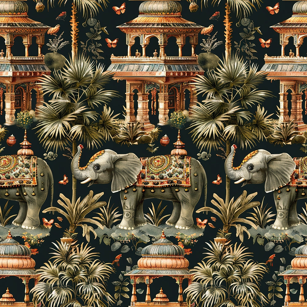 elephant motif, indian architecture, tropical palms, dark navy background, ornate temples, decorative elephants, exotic wildlife, botanical foliage, orange butterflies,, repeating pattern, asian inspired, intricate details, warm earth tones, fabric panel, temple structures, lush greenery, ornamental design, cultural motifs