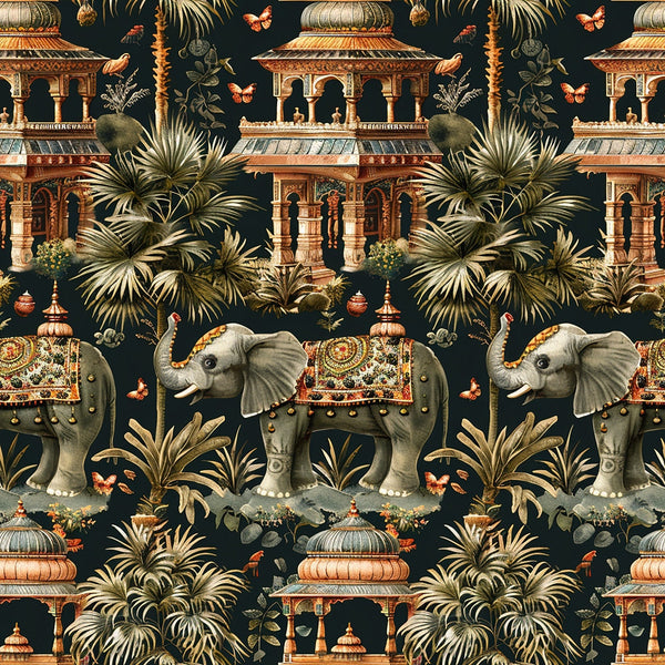 elephant motif, indian architecture, tropical palms, dark navy background, ornate temples, decorative elephants, exotic wildlife, botanical foliage, orange butterflies,, repeating pattern, asian inspired, intricate details, warm earth tones, fabric panel, temple structures, lush greenery, ornamental design, cultural motifs