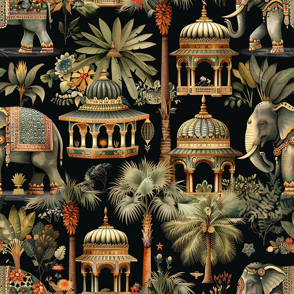 elephants, indian architecture, tropical plants, palm trees, domed pavilions, ornate buildings, black background, sage green, terracotta orange, cream ivory, gold accents, exotic botanical, decorative elephants, temple structures, lush foliage, intricate details,, fabric panel, indian inspired, ornamental design