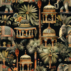 elephants, indian architecture, tropical plants, palm trees, domed pavilions, ornate buildings, black background, sage green, terracotta orange, cream ivory, gold accents, exotic botanical, decorative elephants, temple structures, lush foliage, intricate details,, fabric panel, indian inspired, ornamental design