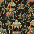 elephants, indian architecture, pavilions, palm trees, tropical plants, black background, sage green, terracotta orange, ornate decorations, exotic motifs, botanical elements,, fabric panel, indian inspired, decorative elephants, domed structures, lush foliage, earthy tones, intricate patterns, tropical paradise