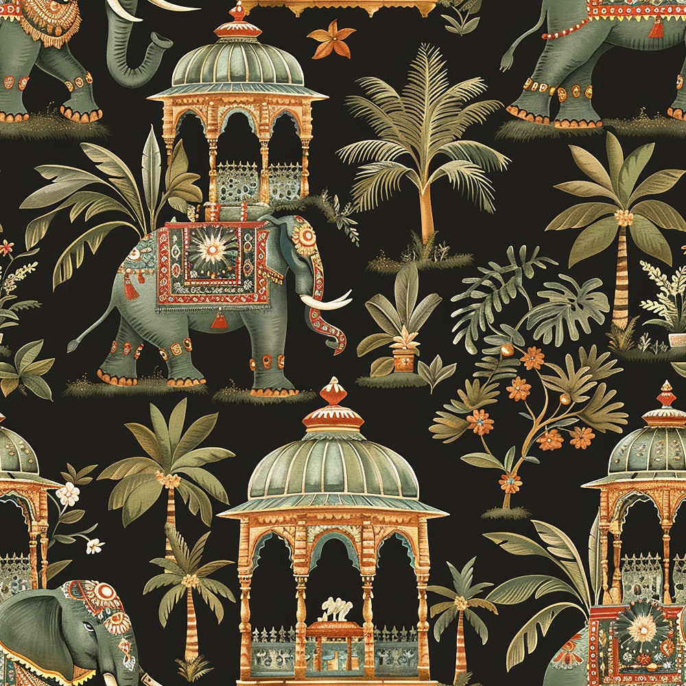 elephants, indian architecture, pavilions, palm trees, tropical plants, black background, sage green, terracotta orange, ornate decorations, exotic motifs, botanical elements,, fabric panel, indian inspired, decorative elephants, domed structures, lush foliage, earthy tones, intricate patterns, tropical paradise