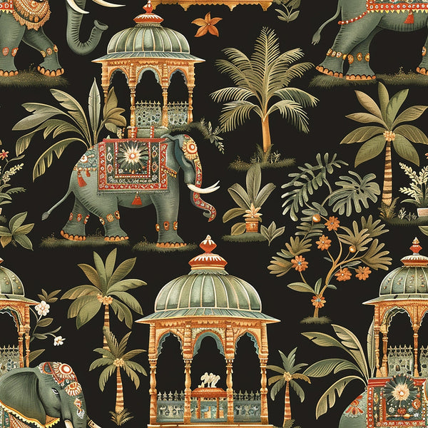 elephants, indian architecture, pavilions, palm trees, tropical plants, black background, sage green, terracotta orange, ornate decorations, exotic motifs, botanical elements,, fabric panel, indian inspired, decorative elephants, domed structures, lush foliage, earthy tones, intricate patterns, tropical paradise