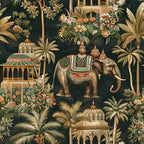 forest green, deep emerald, golden brown, coral pink, cream ivory, elephant motif, indian architecture, palace buildings, tropical palms, exotic florals, ornate patterns, decorative saddle, mughal style, botanical elements,, fabric panel, luxurious design, ethnic inspired, wildlife theme, intricate details