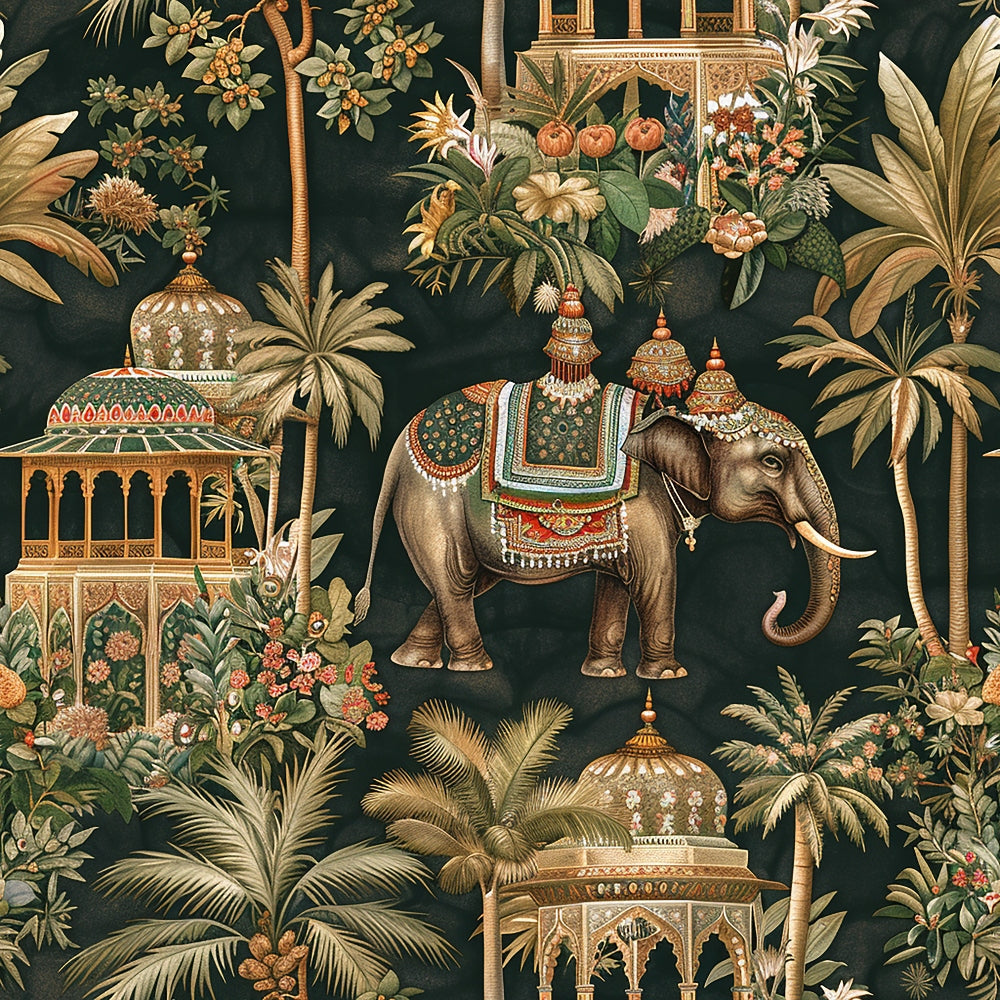 forest green, deep emerald, golden brown, coral pink, cream ivory, elephant motif, indian architecture, palace buildings, tropical palms, exotic florals, ornate patterns, decorative saddle, mughal style, botanical elements,, fabric panel, luxurious design, ethnic inspired, wildlife theme, intricate details