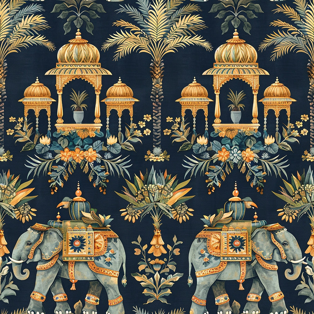 navy blue, orange, gold, teal, elephants, indian architecture, pavilions, palm trees, tropical foliage, ornate details, exotic pattern, repeating design,, fabric panel, mughal style, decorative elephants, botanical elements, intricate motifs, jewel tones, oriental design
