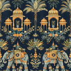 navy blue, orange, gold, teal, elephants, indian architecture, pavilions, palm trees, tropical foliage, ornate details, exotic pattern, repeating design,, fabric panel, mughal style, decorative elephants, botanical elements, intricate motifs, jewel tones, oriental design