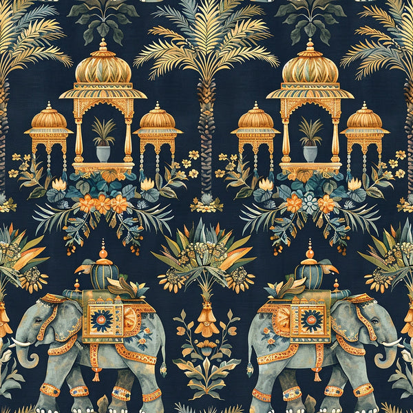 navy blue, orange, gold, teal, elephants, indian architecture, pavilions, palm trees, tropical foliage, ornate details, exotic pattern, repeating design,, fabric panel, mughal style, decorative elephants, botanical elements, intricate motifs, jewel tones, oriental design