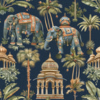 navy blue, deep blue, ornate elephants, indian elephants, decorated elephants, tropical palms, palm trees, exotic architecture, domed buildings, mughal architecture, ornamental patterns, intricate details, gold accents, orange details, botanical elements,, fabric panel, elephant motifs, indian inspired, royal blue background