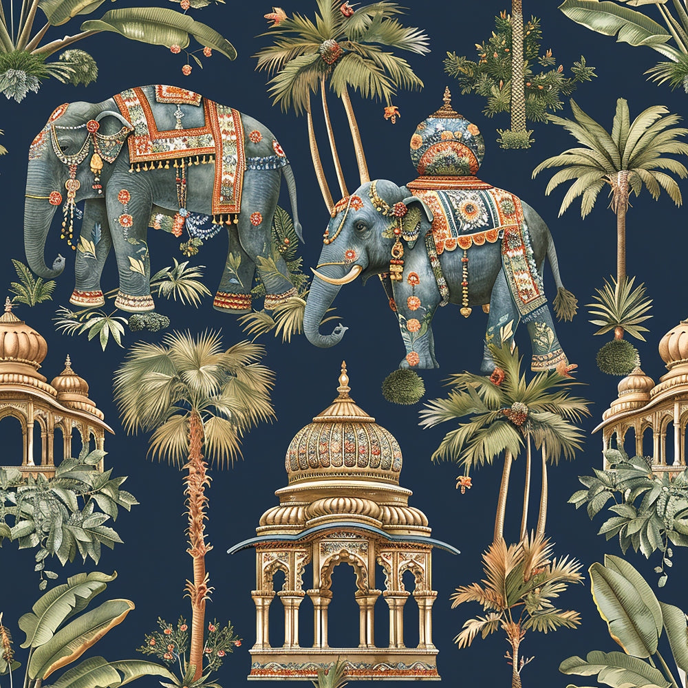 navy blue, deep blue, ornate elephants, indian elephants, decorated elephants, tropical palms, palm trees, exotic architecture, domed buildings, mughal architecture, ornamental patterns, intricate details, gold accents, orange details, botanical elements,, fabric panel, elephant motifs, indian inspired, royal blue background
