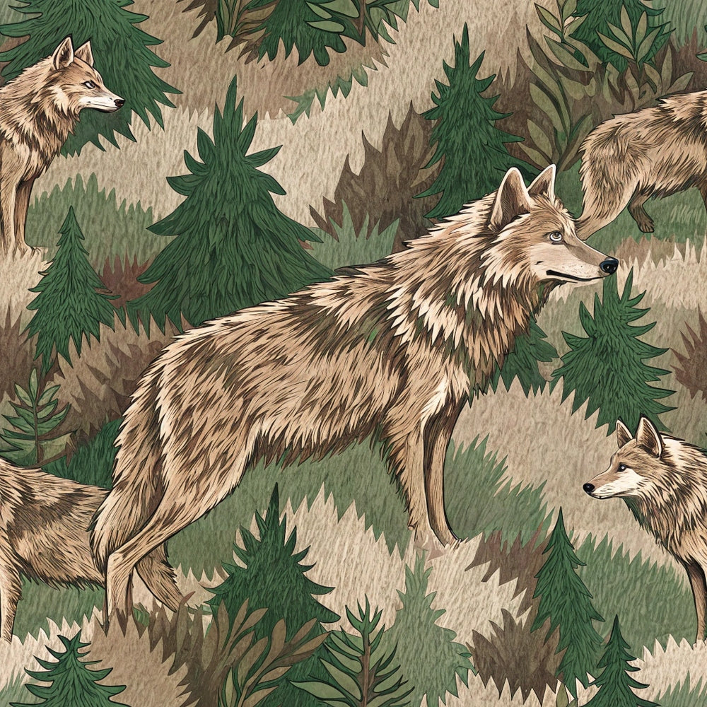 wolves, forest animals, evergreen trees, pine trees, woodland scene, brown fur, tan colors, olive green, sage green, beige tones, animal camouflage, wildlife pattern, nature theme,, fabric panel, realistic illustration, pack animals, coniferous forest, hunting theme, outdoor motif