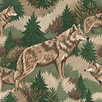 wolves, forest animals, evergreen trees, pine trees, woodland scene, brown fur, tan colors, olive green, sage green, beige tones, animal camouflage, wildlife pattern, nature theme,, fabric panel, realistic illustration, pack animals, coniferous forest, hunting theme, outdoor motif