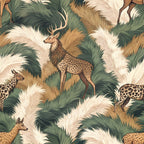 spotted deer, antlers, pampas grass, sage green, cream, tan, brown, animal print, wildlife pattern, tropical foliage, feathery plumes, nature scene,, fabric panel, earth tones, safari theme, grassland, neutral palette, botanical elements, seamless repeat