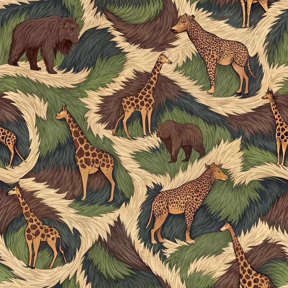 animal print, safari animals, giraffe, leopard, bear, fur texture, camouflage pattern, brown, tan, green, cream, beige, wildlife design, jungle theme, nature motif,, fabric panel, earth tones, spotted pattern, textured background