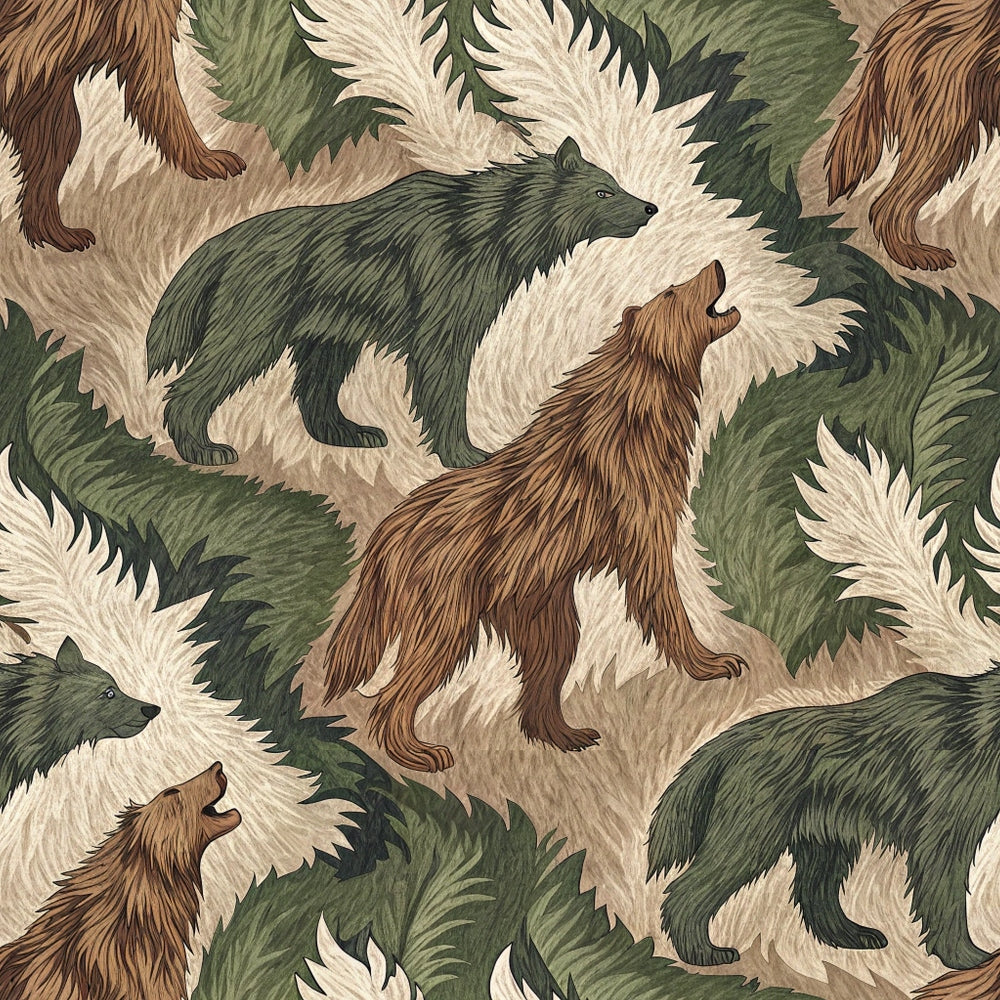 animal fur, camouflage pattern, bears, wolves, forest green, brown, cream, beige, woodland creatures, wildlife motif, nature theme, hunting pattern, outdoor fabric,, fabric panel, realistic animals, forest animals, camouflage design, earth tones, rustic style