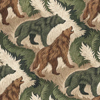 animal fur, camouflage pattern, bears, wolves, forest green, brown, cream, beige, woodland creatures, wildlife motif, nature theme, hunting pattern, outdoor fabric,, fabric panel, realistic animals, forest animals, camouflage design, earth tones, rustic style