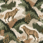 wolves, forest animals, camouflage pattern, brown tones, olive green, cream white, tan beige, feathery foliage, tropical leaves, wildlife motif,, fabric panel, nature scene, earthy palette, botanical elements, animal silhouettes, jungle theme, organic shapes, neutral colors, wilderness design