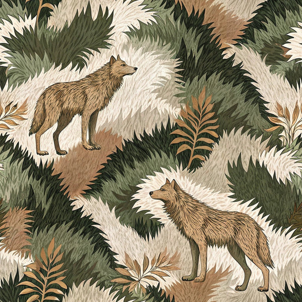 wolves, forest animals, camouflage pattern, brown tones, olive green, cream white, tan beige, feathery foliage, tropical leaves, wildlife motif,, fabric panel, nature scene, earthy palette, botanical elements, animal silhouettes, jungle theme, organic shapes, neutral colors, wilderness design