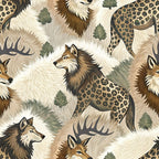 animal print, wolves, deer, antlers, leopard spots, beige, tan, brown, cream, sage green, leaves, wildlife pattern, realistic animals, nature motif,, fabric panel, woodland creatures, camouflage style, hunting theme, outdoor adventure