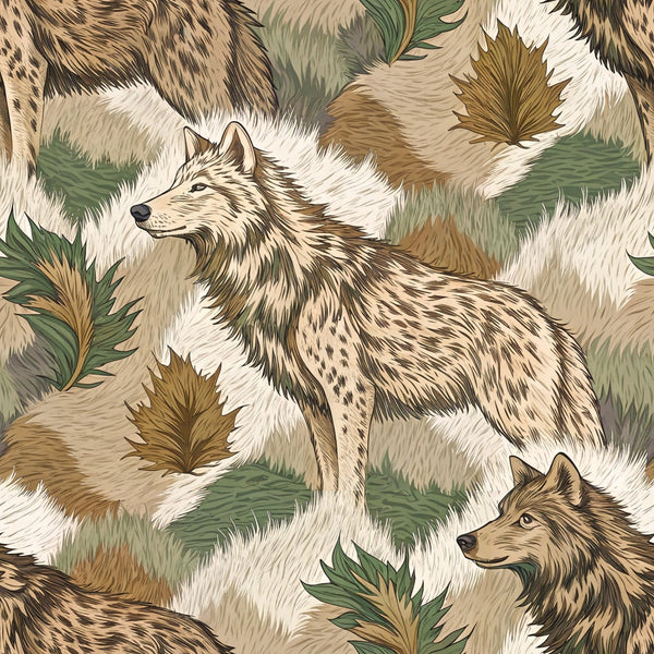 wolves, camouflage pattern, animal fur texture, earth tones, brown, tan, beige, green, cream, woodland creatures, forest animals, wildlife design, hunting theme, outdoor motif, nature pattern, realistic illustration,, fabric panel, camouflage print, textured fur