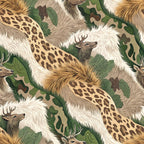 animal fur, camouflage pattern, leopard spots, deer antlers, woodland creatures, green foliage, brown tones, beige colors, tan shades, white fur texture, nature motif, wildlife design, hunting theme, outdoor pattern,, fabric panel, forest animals, textured appearance, earth tones, wilderness design