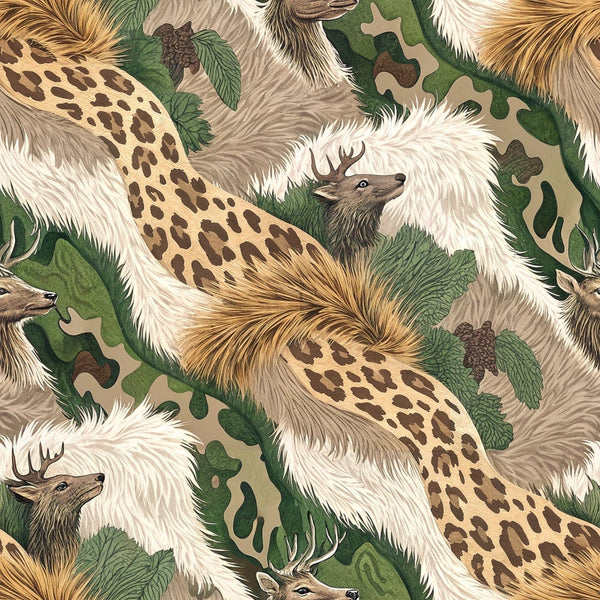 animal fur, camouflage pattern, leopard spots, deer antlers, woodland creatures, green foliage, brown tones, beige colors, tan shades, white fur texture, nature motif, wildlife design, hunting theme, outdoor pattern,, fabric panel, forest animals, textured appearance, earth tones, wilderness design
