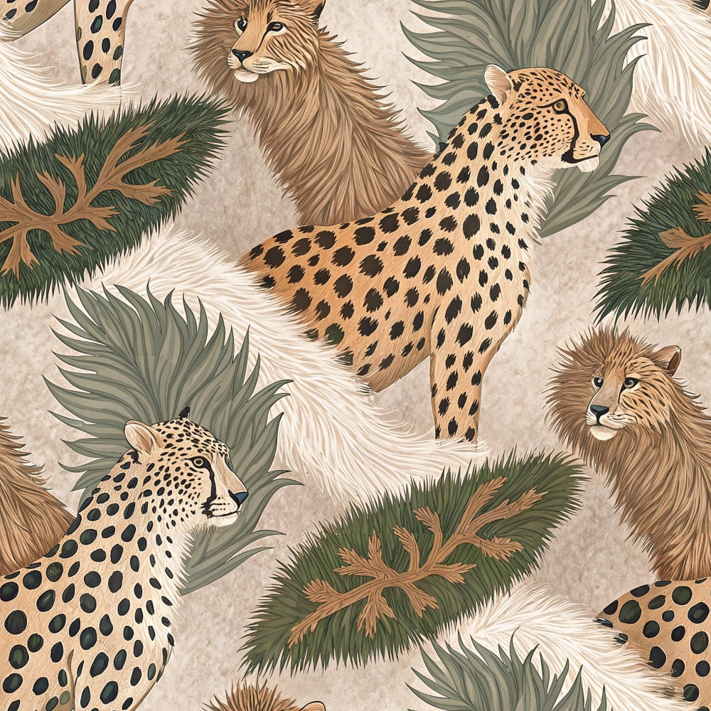 beige, tan, brown, green, cream, lions, leopards, cheetahs, big cats, safari animals, tropical leaves, palm fronds, pampas grass, animal print, spotted pattern, jungle theme, wildlife,, fabric panel, earthy tones, natural colors, exotic animals