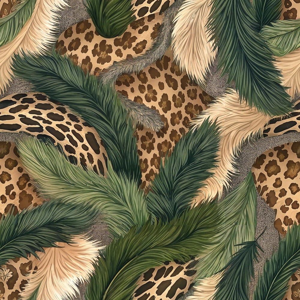 animal print, leopard spots, tropical leaves, palm fronds, feathers, tan background, brown spots, green foliage, cream feathers, jungle pattern, safari theme, exotic wildlife, natural textures,, fabric panel, camouflage design, wildlife motif, tropical plants, animal fur texture, nature inspired