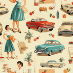 vintage pattern, retro cars, 1950s women, teal dress, red automobile, cream background, mid-century modern, pin-up style, household items, floral elements, tomatoes, coffee cups,, fabric panel, nostalgic imagery, americana style, pastel colors, vintage fashion, repeating motifs