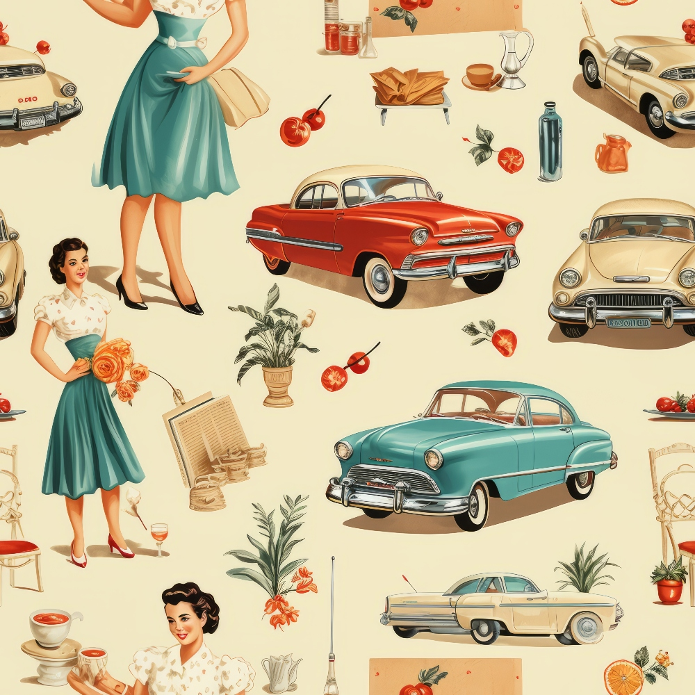 vintage pattern, retro cars, 1950s women, teal dress, red automobile, cream background, mid-century modern, pin-up style, household items, floral elements, tomatoes, coffee cups,, fabric panel, nostalgic imagery, americana style, pastel colors, vintage fashion, repeating motifs