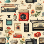 vintage radios, retro electronics, floral motifs, red roses, orange flowers, cream background, nostalgic appliances, mid-century style,, fabric panel, antique objects, botanical elements, coral red, teal green, beige tones, repeating pattern, collectible items, vintage aesthetic, cotton fabric, crafting material