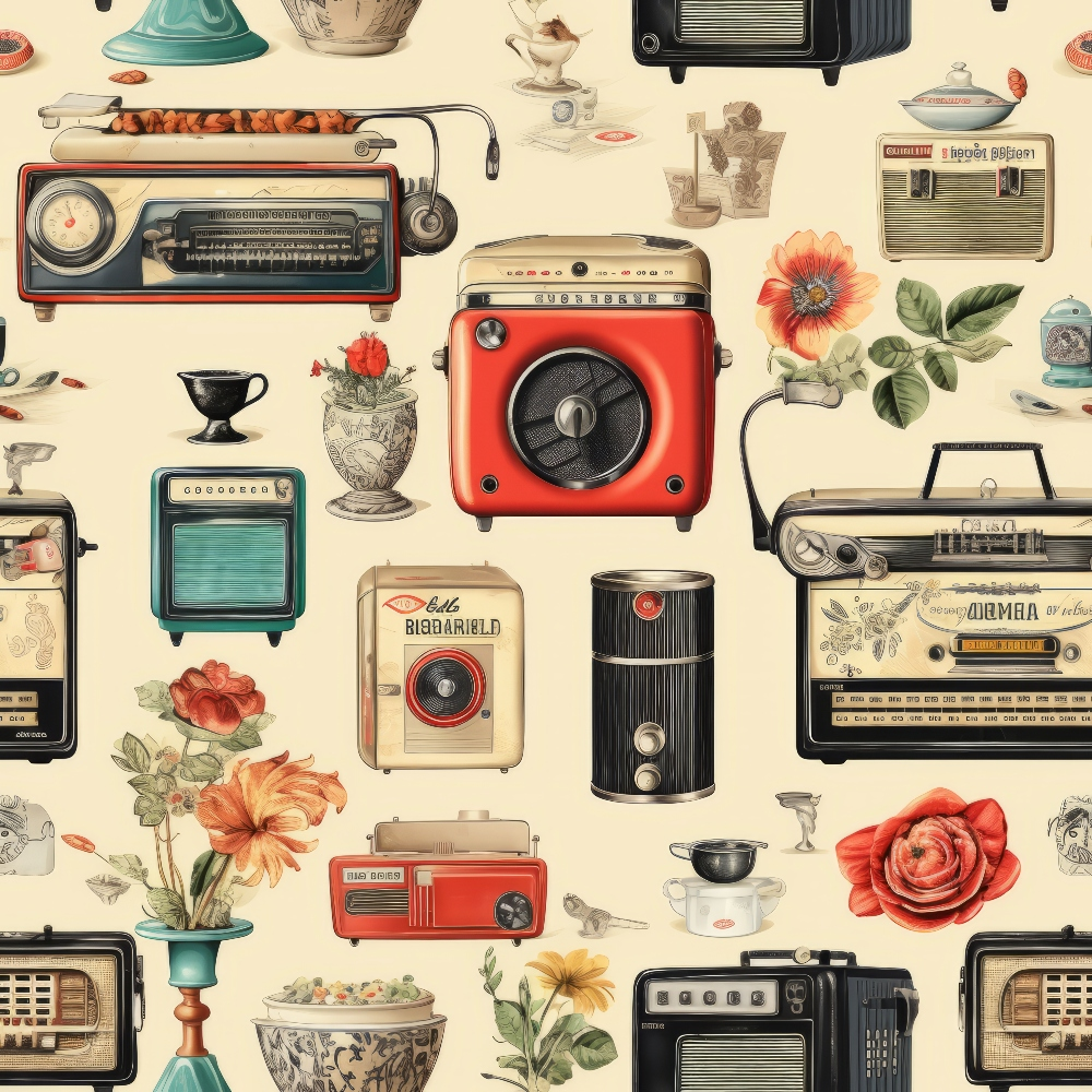 vintage radios, retro electronics, floral motifs, red roses, orange flowers, cream background, nostalgic appliances, mid-century style,, fabric panel, antique objects, botanical elements, coral red, teal green, beige tones, repeating pattern, collectible items, vintage aesthetic, cotton fabric, crafting material