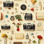 vintage cameras, dried flowers, camera lenses, beige background, cream colored, antique objects, small vases, red flowers, yellow blooms, scattered arrangement, nostalgic items, retro photography, botanical elements,, fabric panel, flat lay design, muted tones, collectibles pattern, vintage ephemera, photography theme