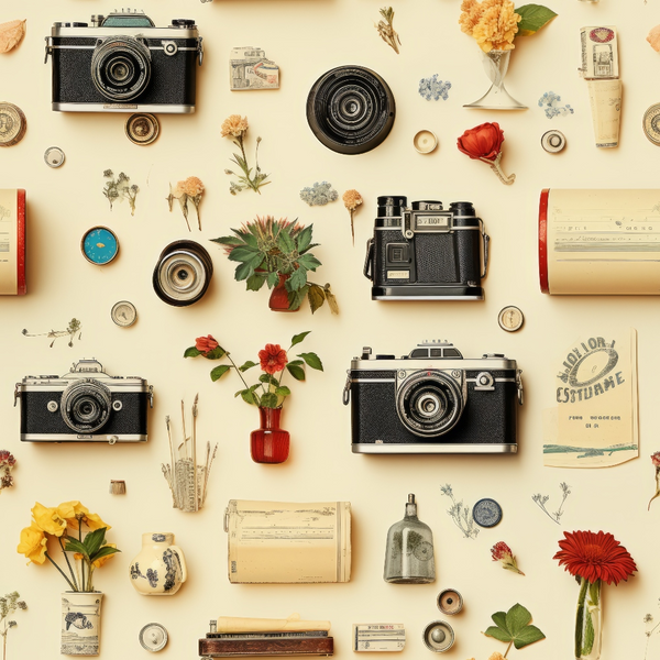 vintage cameras, dried flowers, camera lenses, beige background, cream colored, antique objects, small vases, red flowers, yellow blooms, scattered arrangement, nostalgic items, retro photography, botanical elements,, fabric panel, flat lay design, muted tones, collectibles pattern, vintage ephemera, photography theme