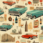 teal, orange, cream, beige, vintage cars, 1950s automobiles, retro bottles, old buildings, church spires, antique advertisements, nostalgic ephemera, mid-century modern,, fabric panel, scattered repeat pattern, americana, retro styling, vintage memorabilia, old-fashioned packaging, historical artifacts