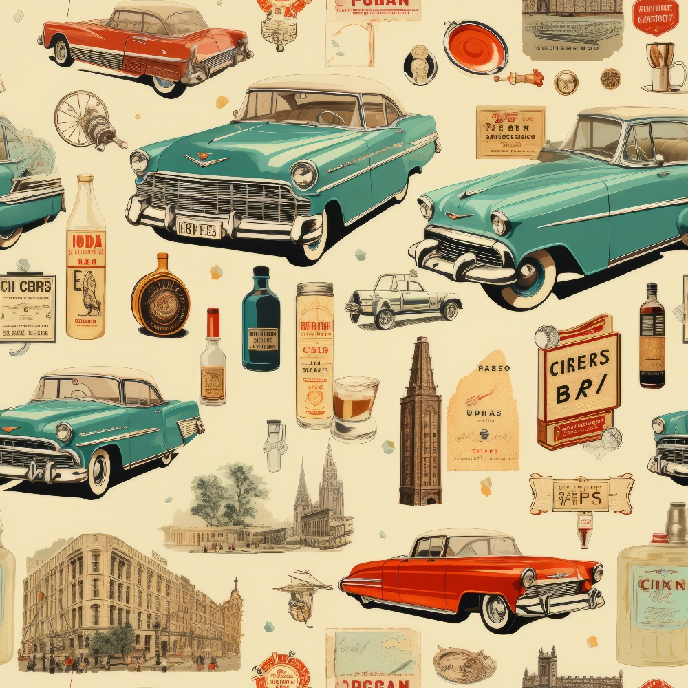teal, orange, cream, beige, vintage cars, 1950s automobiles, retro bottles, old buildings, church spires, antique advertisements, nostalgic ephemera, mid-century modern,, fabric panel, scattered repeat pattern, americana, retro styling, vintage memorabilia, old-fashioned packaging, historical artifacts