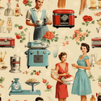 vintage women, 1950s housewives, kitchen appliances, retro appliances, red roses, pink flowers, cream background, turquoise blue, coral red, mid-century modern, domestic scenes, cooking utensils, coffee makers, mixers, floral motifs, nostalgic imagery,, fabric panel, retro pattern, kitchen themed