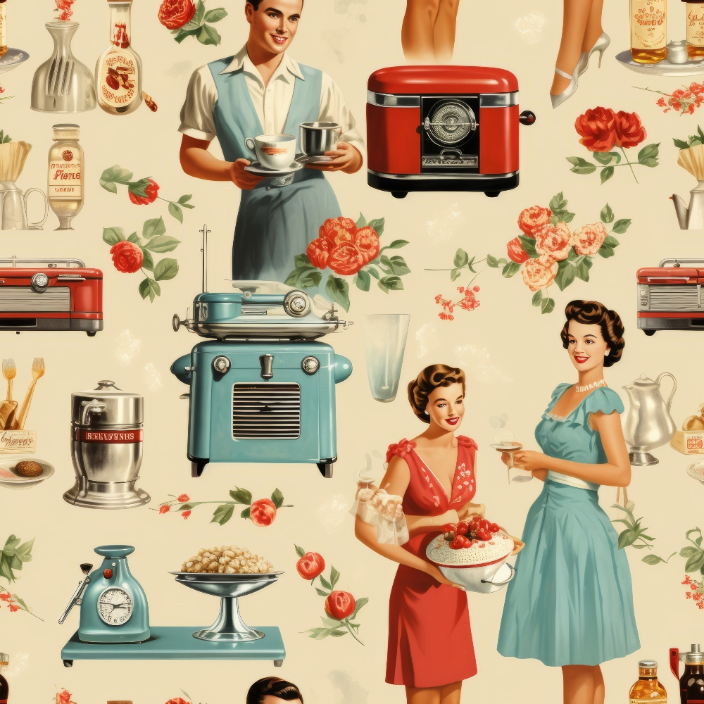 vintage women, 1950s housewives, kitchen appliances, retro appliances, red roses, pink flowers, cream background, turquoise blue, coral red, mid-century modern, domestic scenes, cooking utensils, coffee makers, mixers, floral motifs, nostalgic imagery,, fabric panel, retro pattern, kitchen themed