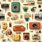 vintage cameras, antique objects, retro electronics, turquoise, orange, cream, beige, rust red, yellow, teal, photography equipment, nostalgic items, mid-century modern, collectibles,, fabric panel, retro styling, vintage aesthetic, old-fashioned gadgets, camera collection
