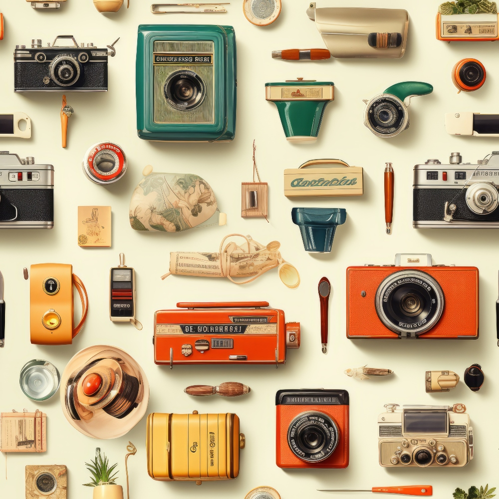 vintage cameras, antique objects, retro electronics, turquoise, orange, cream, beige, rust red, yellow, teal, photography equipment, nostalgic items, mid-century modern, collectibles,, fabric panel, retro styling, vintage aesthetic, old-fashioned gadgets, camera collection
