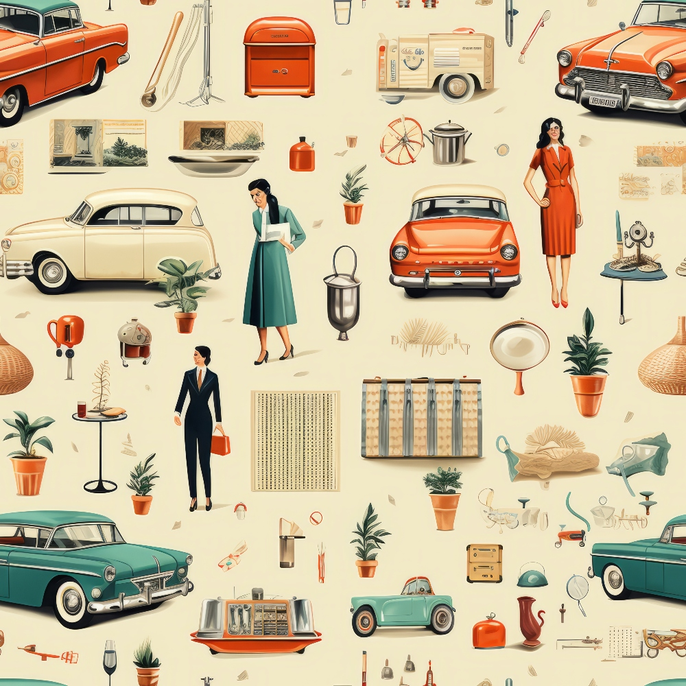vintage cars, retro automobiles, 1950s style, mid-century modern, orange, teal, cream, beige, household objects, kitchen appliances, people figures, nostalgic pattern,, fabric panel, seamless repeat, antique collectibles, retro lifestyle, vintage memorabilia, scattered motifs, muted palette
