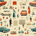 vintage cars, retro automobiles, 1950s style, mid-century modern, orange, teal, cream, beige, household objects, kitchen appliances, people figures, nostalgic pattern,, fabric panel, seamless repeat, antique collectibles, retro lifestyle, vintage memorabilia, scattered motifs, muted palette