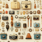 vintage cameras, antique objects, photography equipment, cream background, beige tones, brown accents, turquoise cameras, retro collectibles, old lenses, film canisters, magnifying glasses, nostalgic items, scattered arrangement,, fabric panel, photography theme, antique accessories, vintage style, neutral palette, crafting material