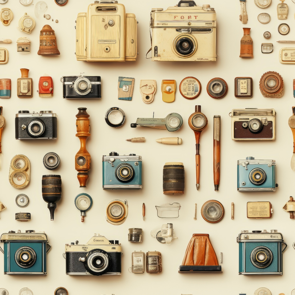 vintage cameras, antique objects, photography equipment, cream background, beige tones, brown accents, turquoise cameras, retro collectibles, old lenses, film canisters, magnifying glasses, nostalgic items, scattered arrangement,, fabric panel, photography theme, antique accessories, vintage style, neutral palette, crafting material