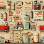 vintage advertisements, retro signage, antique labels, cream background, red accents, turquoise blue, orange highlights, nostalgic brands, old packaging, soviet era, russian text, kitchen appliances, household products, weathered textures, aged patina,, fabric panel, retro styling, mid-century design, collectible memorabilia