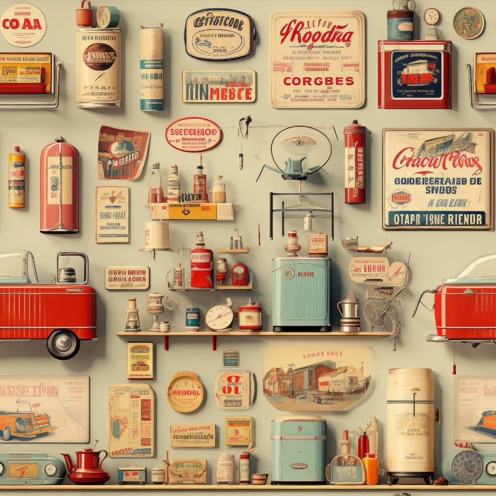 vintage advertisements, retro signage, antique labels, cream background, red accents, turquoise blue, orange highlights, nostalgic brands, old packaging, soviet era, russian text, kitchen appliances, household products, weathered textures, aged patina,, fabric panel, retro styling, mid-century design, collectible memorabilia