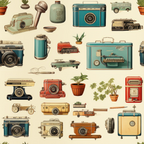vintage cameras, retro appliances, antique objects, teal blue, sage green, coral red, cream background, nostalgic pattern, mid-century modern, old-fashioned items,, fabric panel, retro style, vintage collection, household items, photography equipment, scattered design, muted colors, antique theme, cotton fabric
