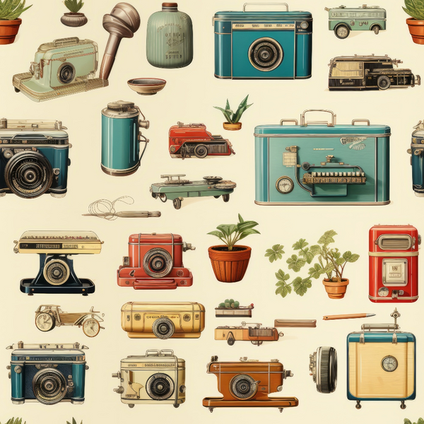 vintage cameras, retro appliances, antique objects, teal blue, sage green, coral red, cream background, nostalgic pattern, mid-century modern, old-fashioned items,, fabric panel, retro style, vintage collection, household items, photography equipment, scattered design, muted colors, antique theme, cotton fabric