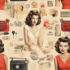 vintage collage, 1950s pinup, retro women, red radios, cream background, antique ephemera, old photographs, botanical illustrations, red flowers, pearl necklaces, victory rolls hairstyle, red lipstick,, fabric panel, nostalgic imagery, sepia tones, coral red, vintage electronics, retro glamour, mid-century style